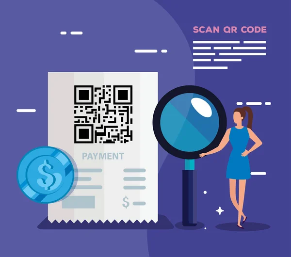 Escanear código qr con la mujer de negocios y los iconos — Archivo Imágenes Vectoriales