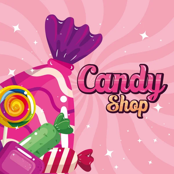 Cartel de la tienda de dulces con caramelos — Vector de stock