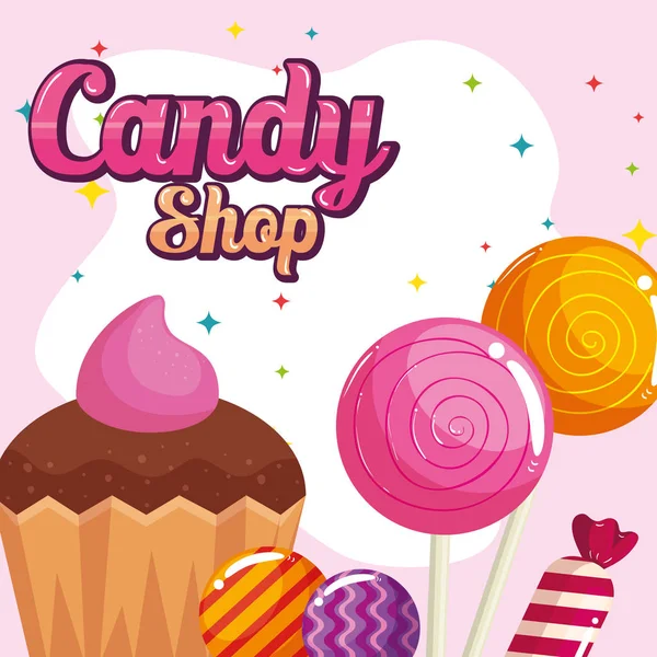 Cartaz de loja de doces com cupcake e caramelos — Vetor de Stock