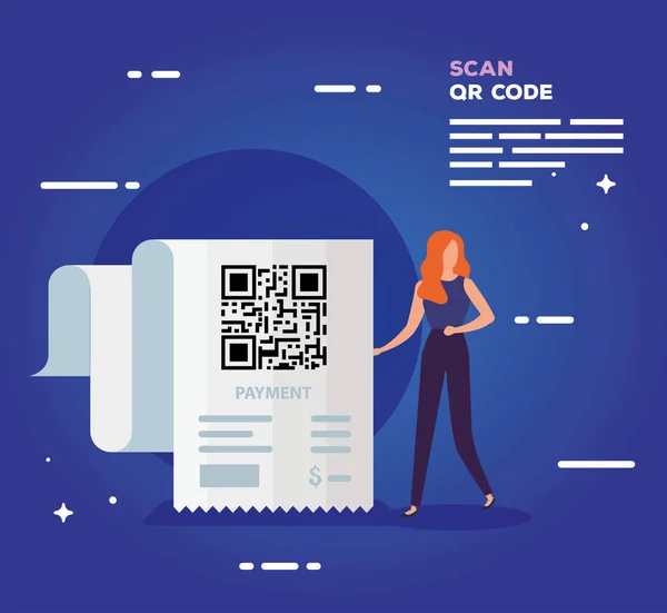 Escanear el código qr en vale con la mujer de negocios — Archivo Imágenes Vectoriales