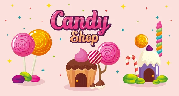 Cartel de tienda de dulces con casas cupcake y caramelos — Archivo Imágenes Vectoriales