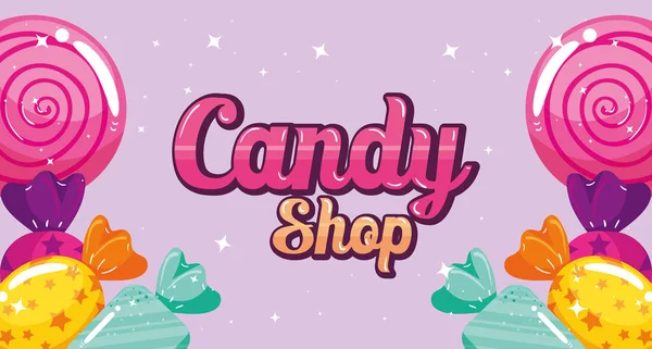 Cartel de la tienda de dulces con caramelos marco — Vector de stock