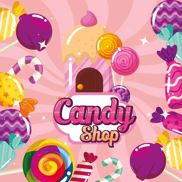 Poster di negozio di caramelle con cornice caramelle — Vettoriale Stock