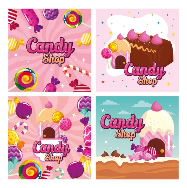 Conjunto de cartaz de loja de doces e decoração de caramelos — Vetor de Stock