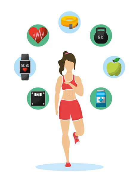 Young woman athlete with healthy lifestyle icons — Stock Vector