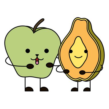 tropical papaya and apple kawaii characters
