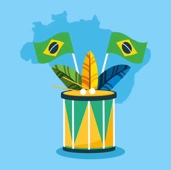 Canival do rio celebração brasileira com tambor e penas —  Vetores de Stock