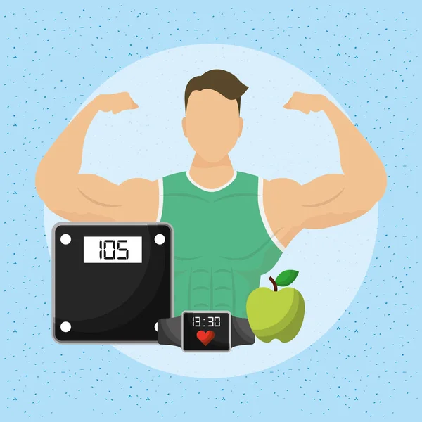 Man athlete character with healthy lifestyle icons — Stock Vector