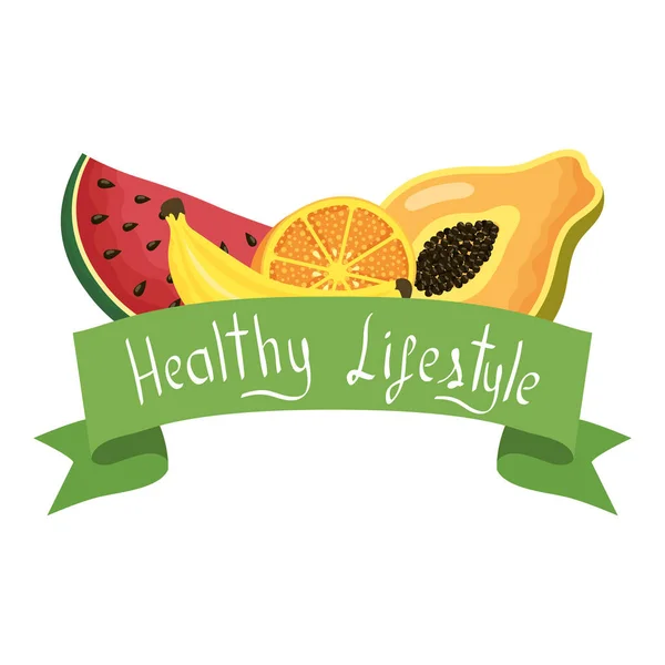 Healthy life style ribbon with lettering and set icons — Stock Vector
