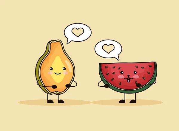 Fresh papaya and watermelon kawaii characters — Stock Vector