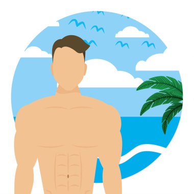 Kumsalda gömleksiz genç bir sporcu.