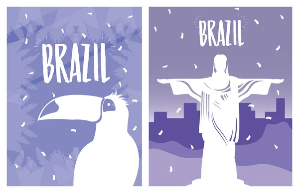 Poster di carnevale brasiliano con toucan e corcovade cristo — Vettoriale Stock