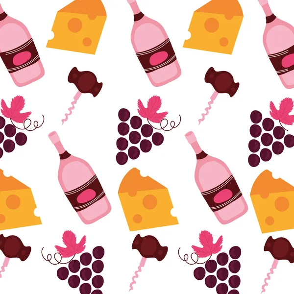 Druiven met wijnflessen en kaas patroon achtergrond — Stockvector