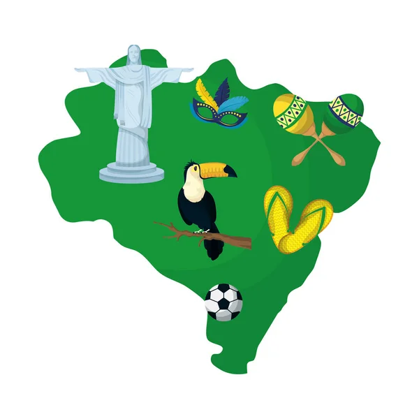 Brazylijski plakat karnawałowy z mapą i ikonami — Wektor stockowy