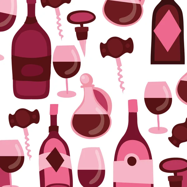 Botellas de vino y tazas con fondo de patrón de sacacorchos — Vector de stock