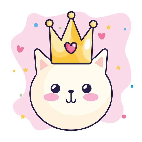 Face of cat with crown and cute decoration — Stock Vector