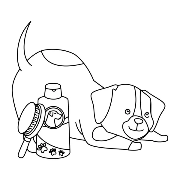 Lindo perro con botella para el cuidado y la línea de cepillo icono de estilo — Vector de stock