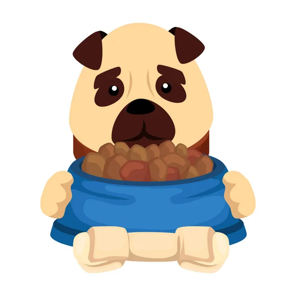 Cute dog with dish food and bone isolated icon — Stok Vektör