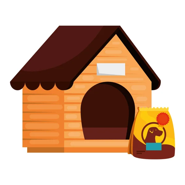 Maison de chien en bois avec sac animal pour alimentation icône isolée — Image vectorielle