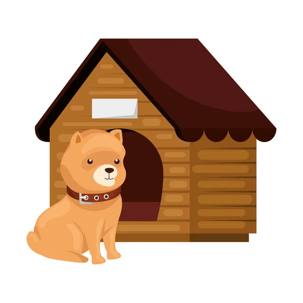 Χαριτωμένος σκύλος με ξύλινο σπίτι απομονωμένη εικόνα — Διανυσματικό Αρχείο
