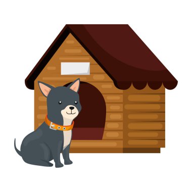 cute dog with wooden house isolated icon