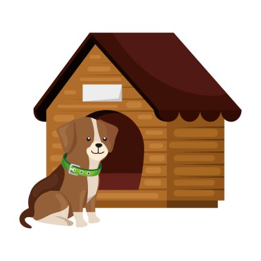 cute dog with wooden house isolated icon