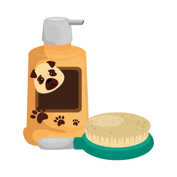 Brush pet with dog care bottle isolated icon — Stock Vector