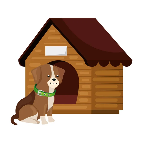 Cute dog with wooden house isolated icon — Stock vektor