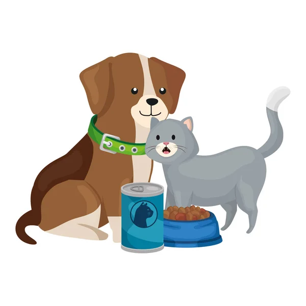 Cute cat and dog with food isolated icon — 图库矢量图片