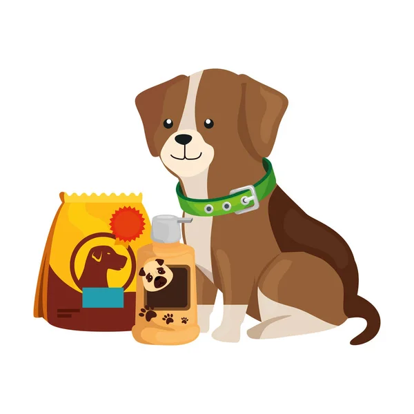 Cute dog with bag food and icons — Stok Vektör