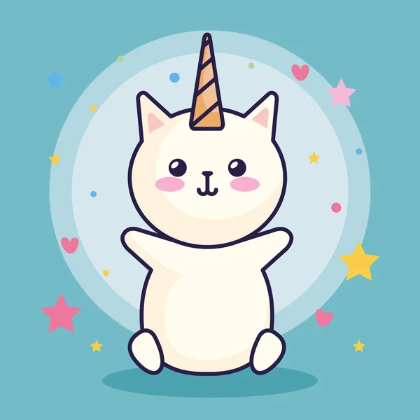 Lindo gato unicornio con corazones y estrellas decoración — Vector de stock