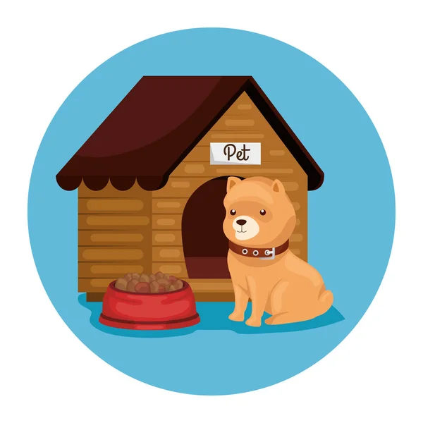 Lindo perro con casa de madera y comida de plato — Vector de stock