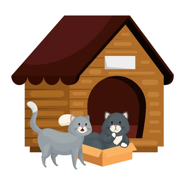Χαριτωμένες μικρές γάτες με ξύλινο σπίτι — Διανυσματικό Αρχείο