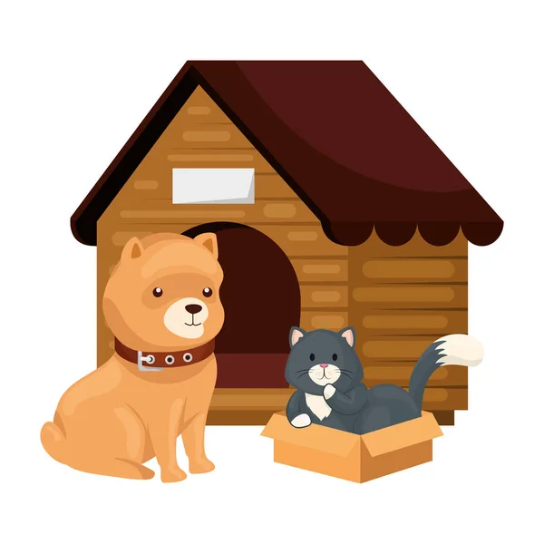 Lindo perro y gato con casa de madera aislado icono — Archivo Imágenes Vectoriales