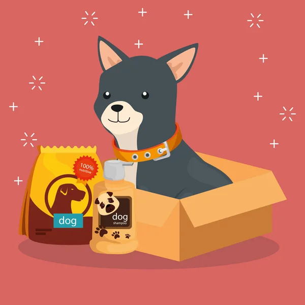 Lindo perro con bolsa de comida e iconos — Archivo Imágenes Vectoriales