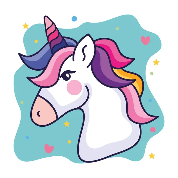 Tête de licorne mignonne avec des cœurs et des étoiles décoration — Image vectorielle