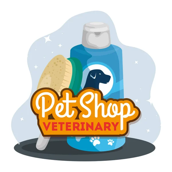 Pet shop veterinary with brush and care bottle — Stok Vektör