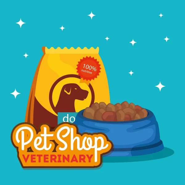 Pet shop veterinary with bag and dish food for dog — Stok Vektör