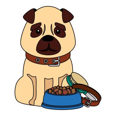 cute dog with dish food and icons