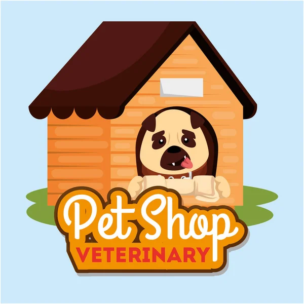 Pet shop veterinary with cute dog in wooden house — ストックベクタ