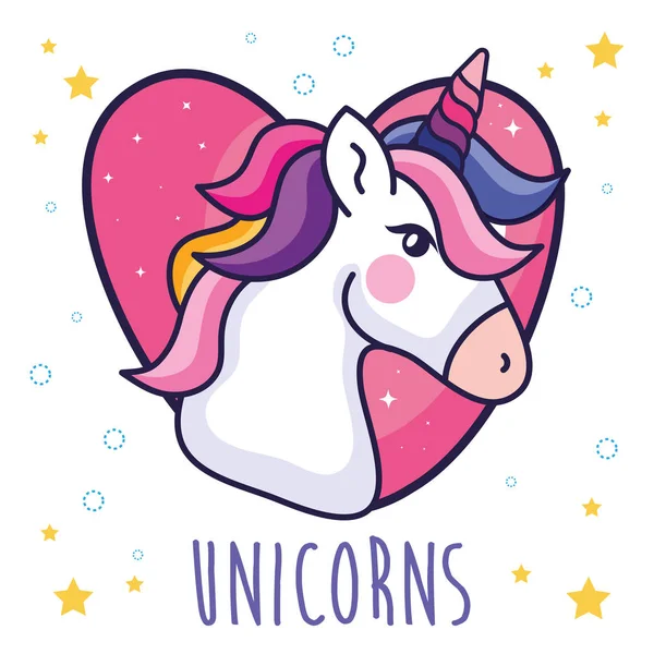 Head of cute unicorn in heart and stars decoration — Stock Vector