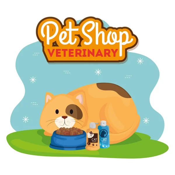 Dierenwinkel dierenarts met kat en pictogrammen — Stockvector
