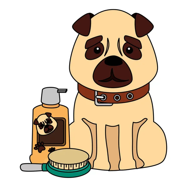 Lindo perro con cuidado productos aislados iconos — Vector de stock