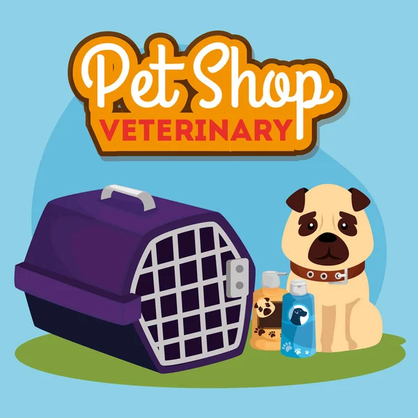 Pet shop veterinární s roztomilým psem a ikonami — Stockový vektor
