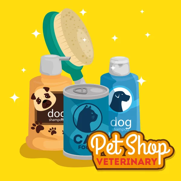 Pet shop veterinário com garrafas de cuidados e ícones — Vetor de Stock