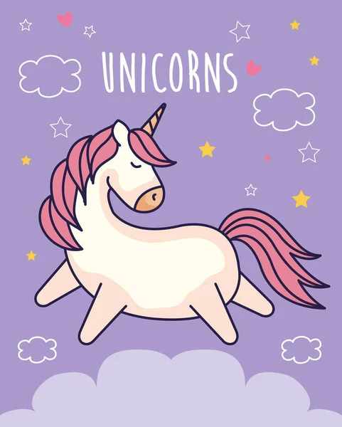 Fantaisie licorne mignonne avec décoration mignonne — Image vectorielle