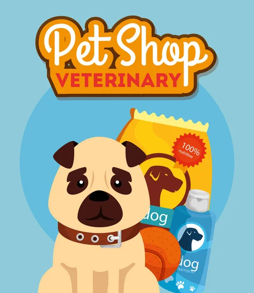 Pet shop veterinary with cute dog and icons — ストックベクタ