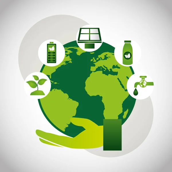 Miljövänlig affisch med jorden planeten och set ikoner — Stock vektor