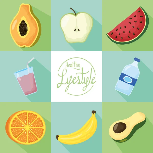 Healthy lifestyle lettering with set icons — Stock Vector