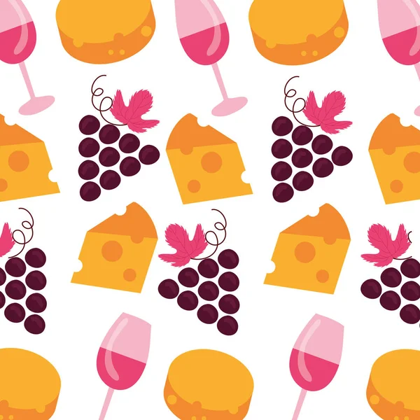 带有杯子和奶酪图案背景的葡萄 — 图库矢量图片